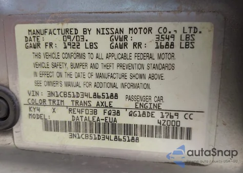 2004 Nissan Sentra 1.8S from USA, damaged, VIN 3N1CB51D34L865188